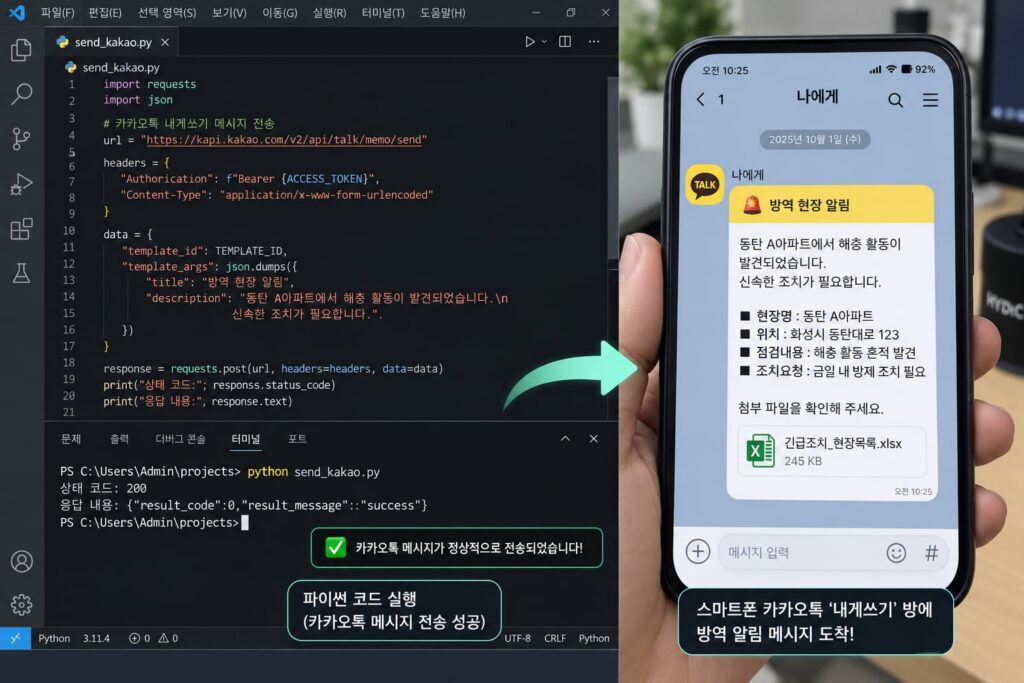 리프레시 토큰 자동 갱신 코드를 통해 파이썬 카카오톡 메시지가 성공적으로 수신된 화면