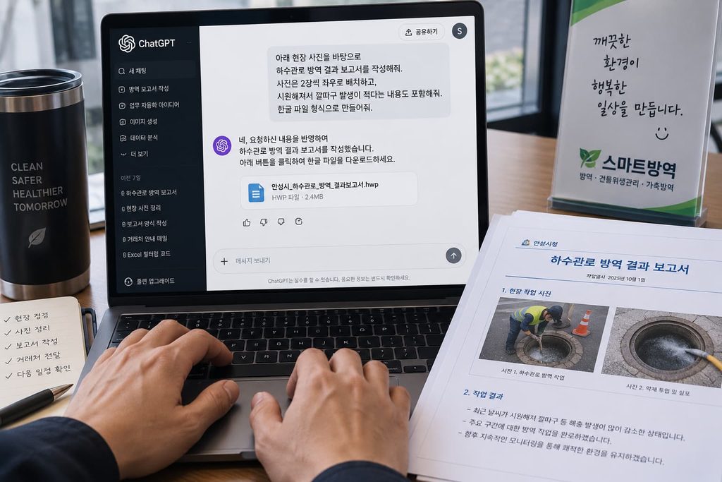 직장인 챗GPT 사용법을 활용하여 퇴근 전 방역 업무 결과 보고서를 자동 작성하는 화면