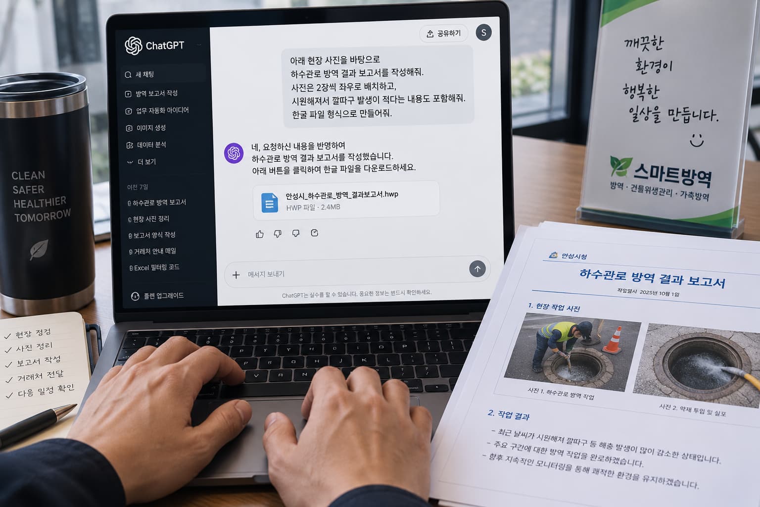 직장인 챗GPT 사용법을 활용하여 퇴근 전 방역 업무 결과 보고서를 자동 작성하는 화면