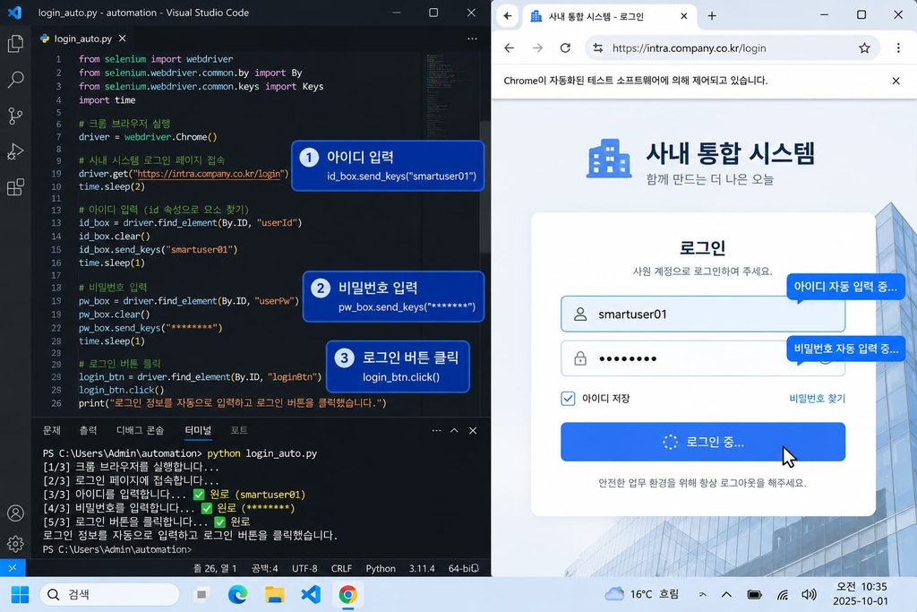 파이썬 셀레니움 send_keys 함수를 이용한 로그인 데이터 자동 입력 화면