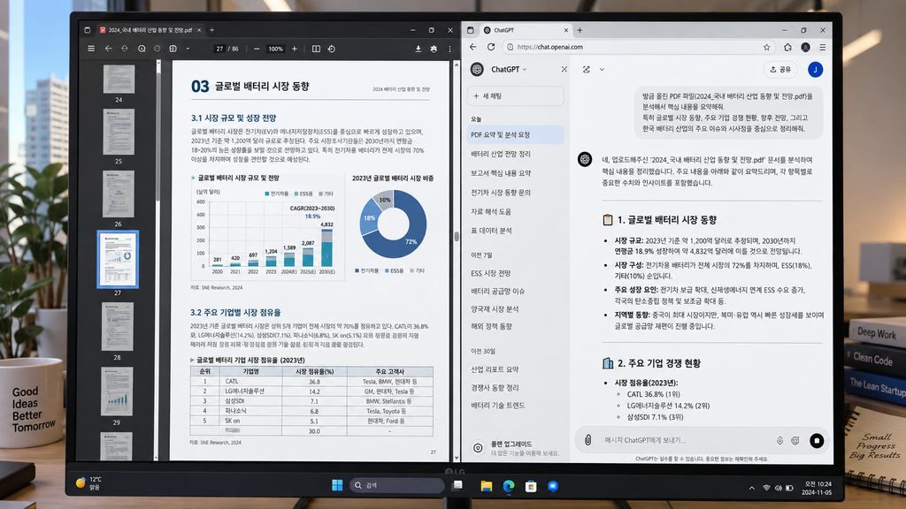 챗GPT PDF 요약 기능을 활용해 방대한 실무 문서를 분석하는 직장인의 모습