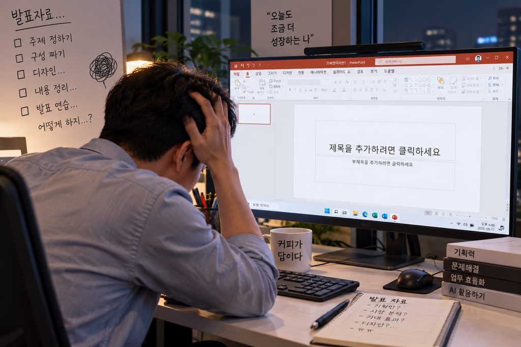챗GPT PPT 작성 전, 빈 슬라이드 앞에서 기획을 고민하는 직장인의 현실