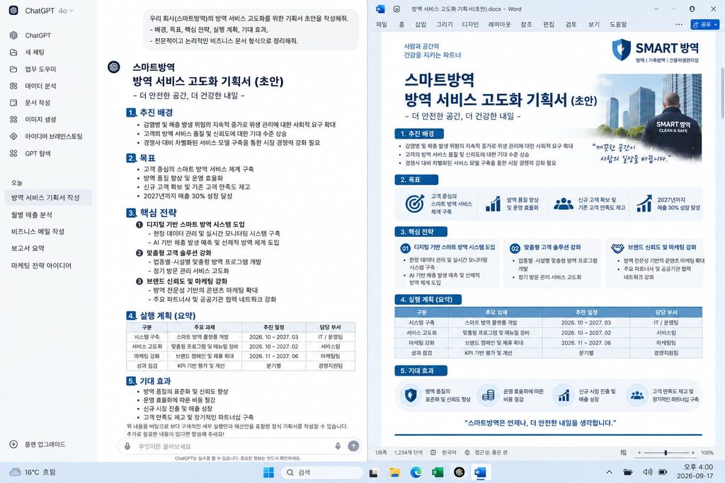 챗GPT 보고서 작성 프롬프트를 통해 완성된 장비 도입 구매 품의서 텍스트 화면