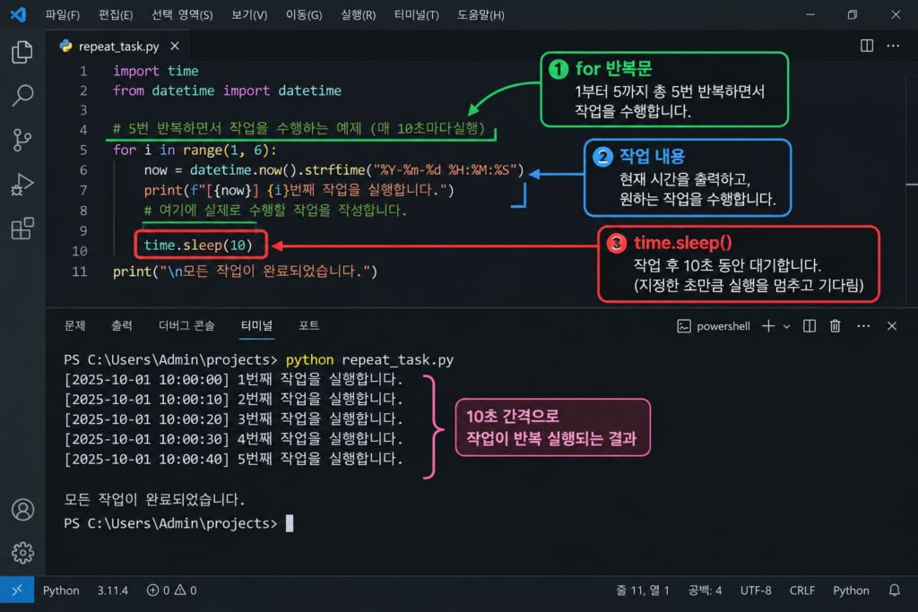 파이썬 웹 크롤링 엑셀 저장 시 봇 차단을 막기 위한 time.sleep 함수 적용 모습