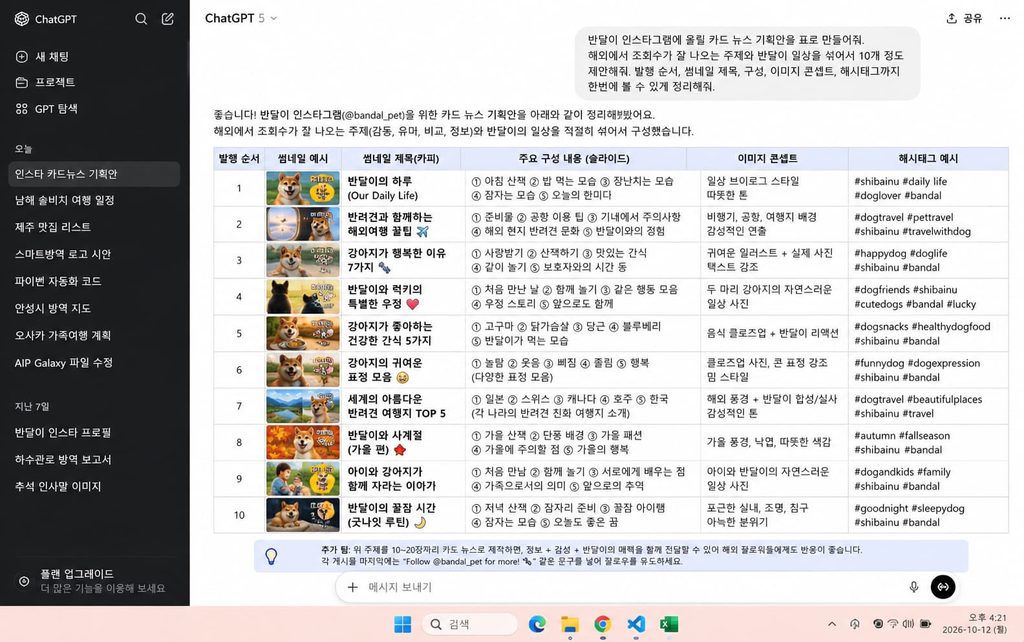 챗GPT 콘텐츠 기획 프롬프트로 완성된 인스타그램 한 달 치 카드 뉴스 기획안 표