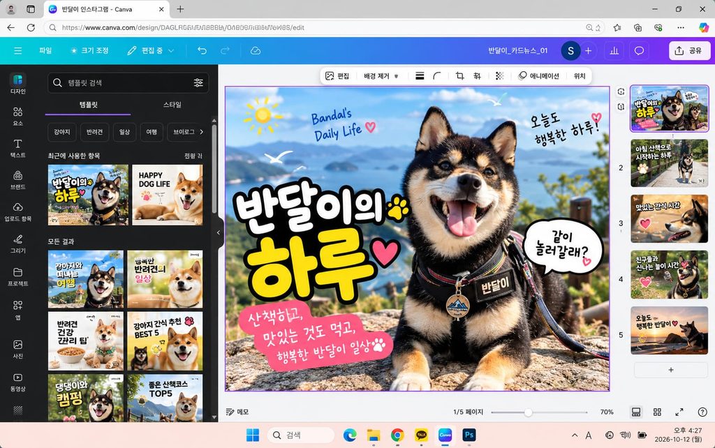 챗GPT 콘텐츠 기획 뼈대를 바탕으로 실제 반려견 카드 뉴스를 제작하는 실무 화면