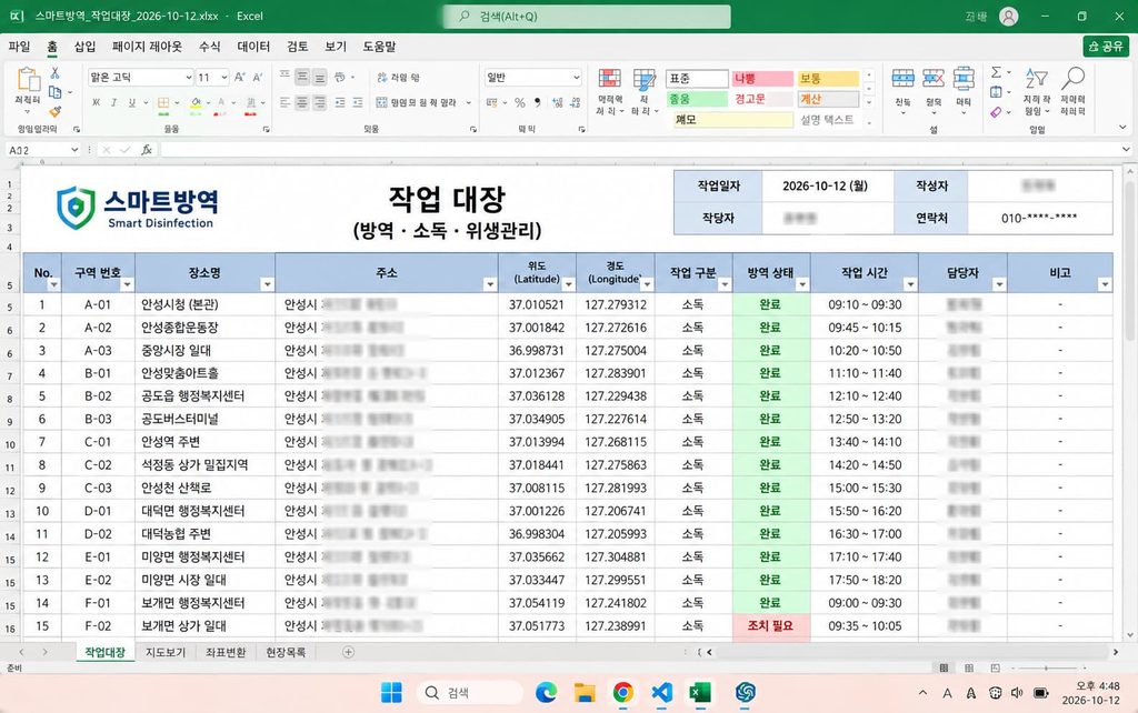 파이썬 지도 시각화를 위해 카카오 API로 위도 경도 좌표를 변환한 방역 엑셀 대장