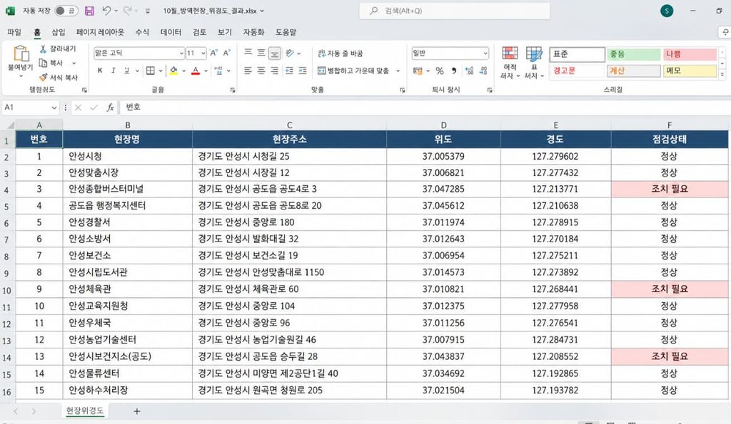 파이썬 주소 좌표 변환 코드로 방역 현장 주소 옆에 위도와 경도가 자동 입력된 엑셀 결과 화면