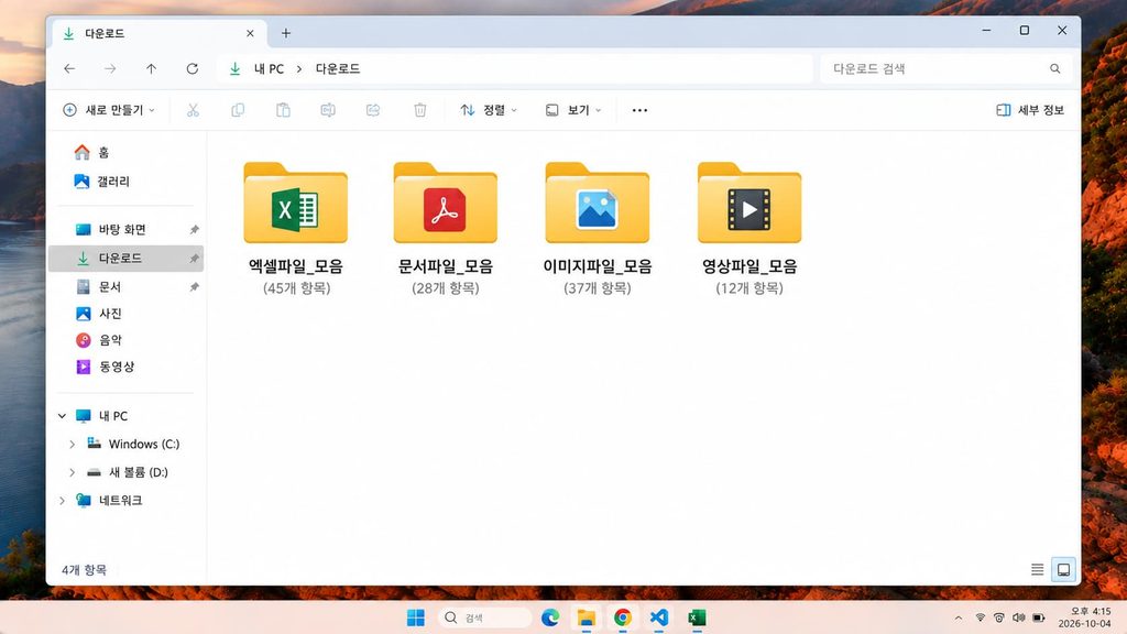파이썬 파일 자동 정리 코드 실행 후 확장자별로 분류된 결과 화면