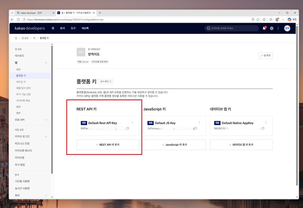 파이썬 주소 좌표 변환 자동화를 위해 카카오 개발자 사이트에서 REST API 키를 발급받은 화면